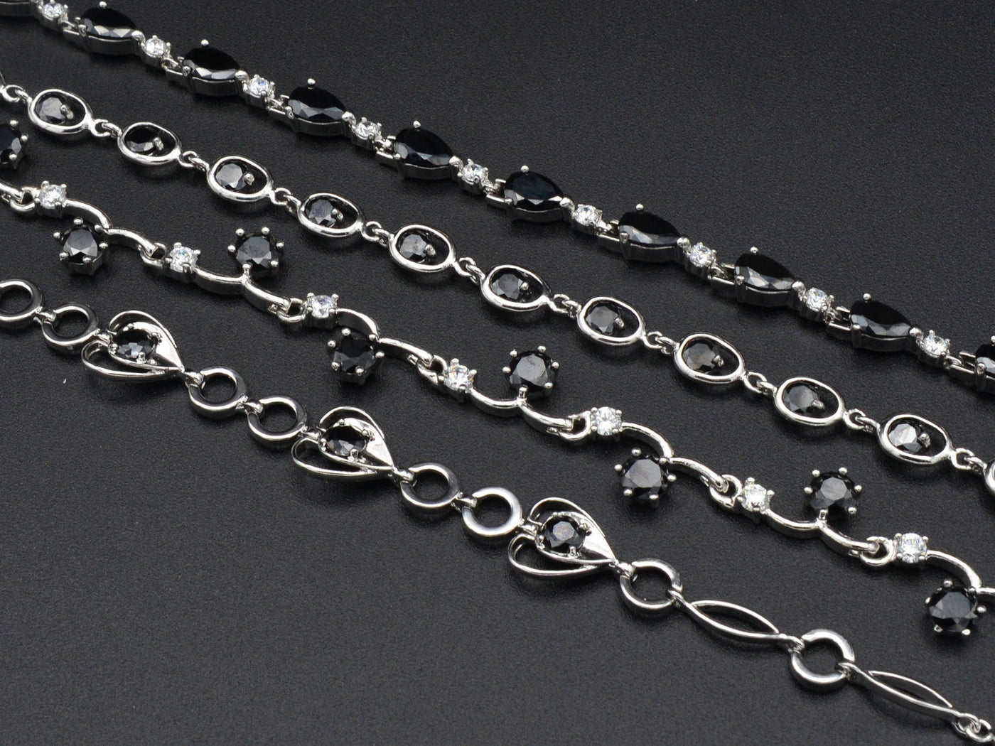 Women Silver Bracelet Rhodium Plated Chain With Black Cubic Zirconia bohemian Bling for Jewelry Making tarnish resistant