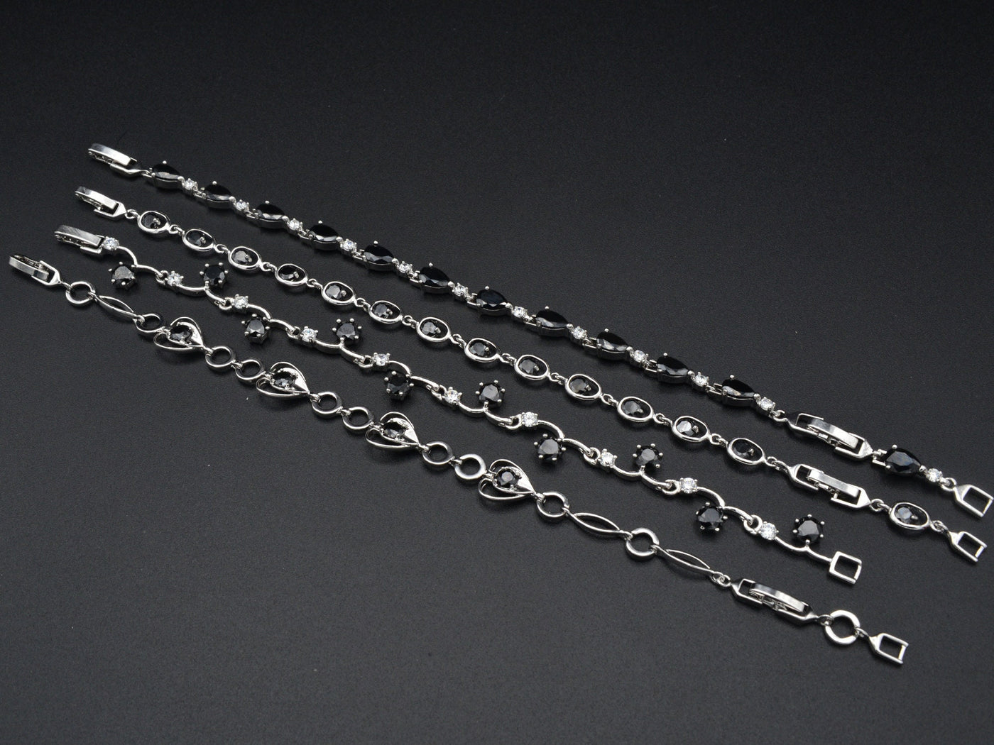 Women Silver Bracelet Rhodium Plated Chain With Black Cubic Zirconia bohemian Bling for Jewelry Making tarnish resistant