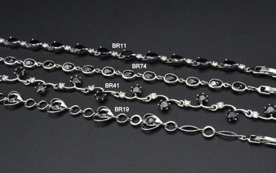 Women Silver Bracelet Rhodium Plated Chain With Black Cubic Zirconia bohemian Bling for Jewelry Making tarnish resistant