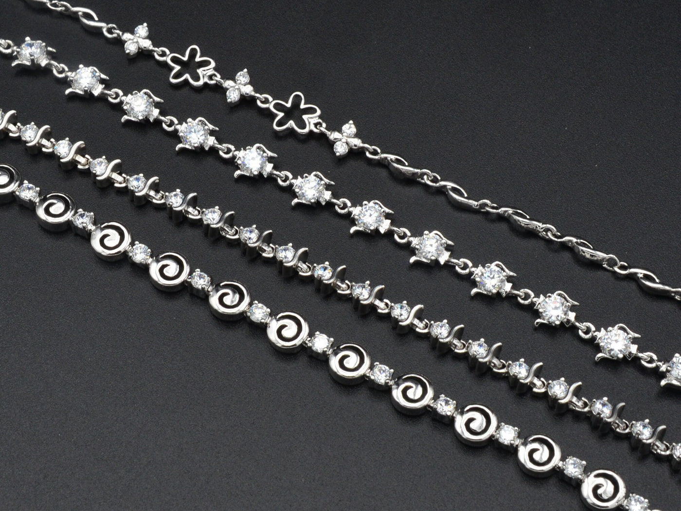 Women Silver Bracelet Rhodium Plated Chain With Clear Cubic Zirconia bohemian Tea cup design and swirl for Jewelry Making tarnish resistant