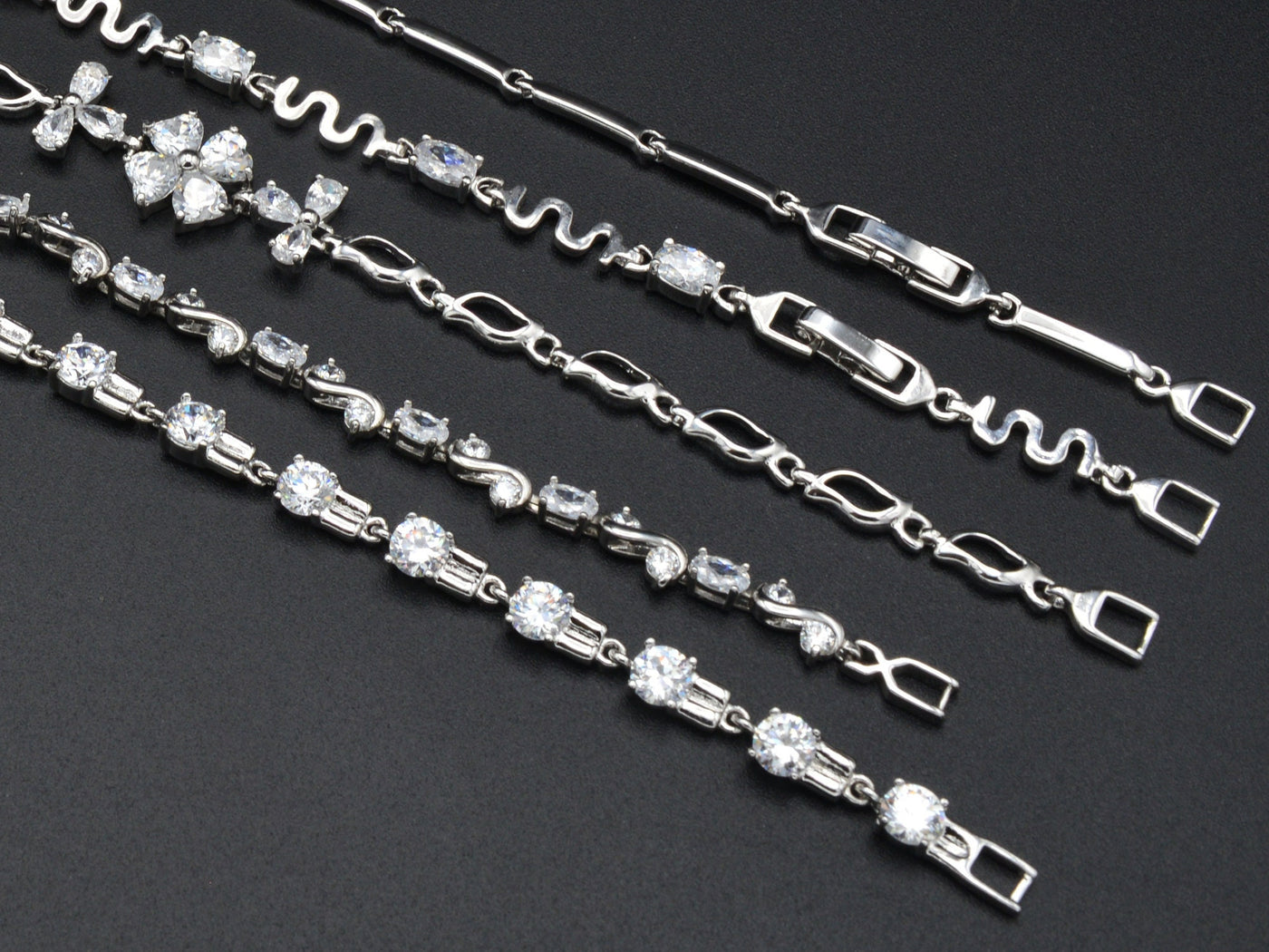 Women Silver Bracelet Rhodium Plated Chain With Clear Cubic Zirconia zig zag, Flower and leaf design for Jewelry Making tarnish resistant