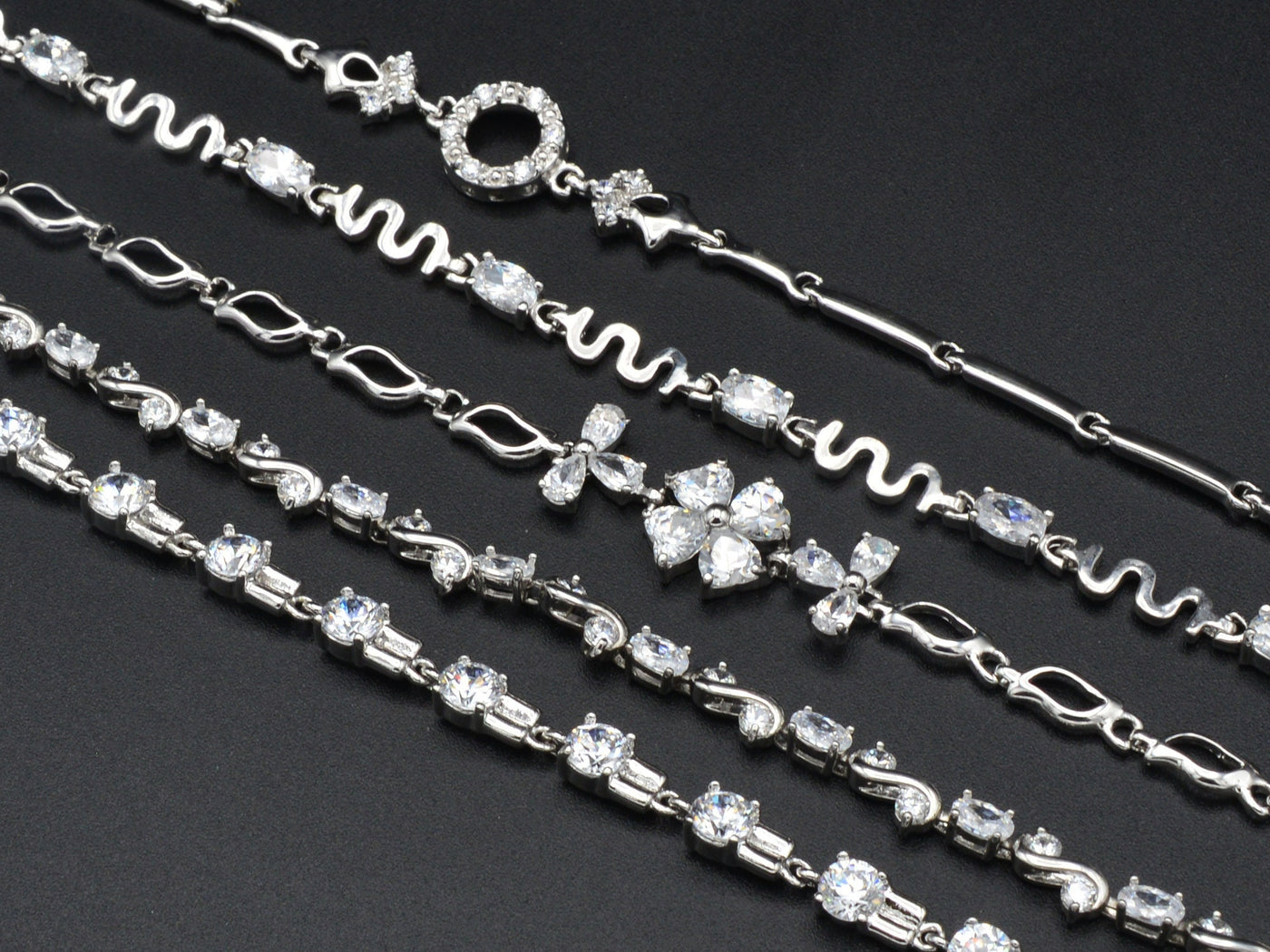 Women Silver Bracelet Rhodium Plated Chain With Clear Cubic Zirconia zig zag, Flower and leaf design for Jewelry Making tarnish resistant