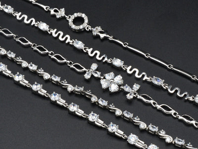Women Silver Bracelet Rhodium Plated Chain With Clear Cubic Zirconia zig zag, Flower and leaf design for Jewelry Making tarnish resistant
