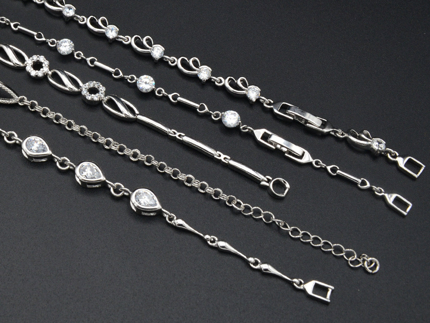 Women Silver Bracelet Rhodium Plated Link Chain With Clear Cubic Zirconia Flower and Marquize design for Jewelry Making tarnish resistant
