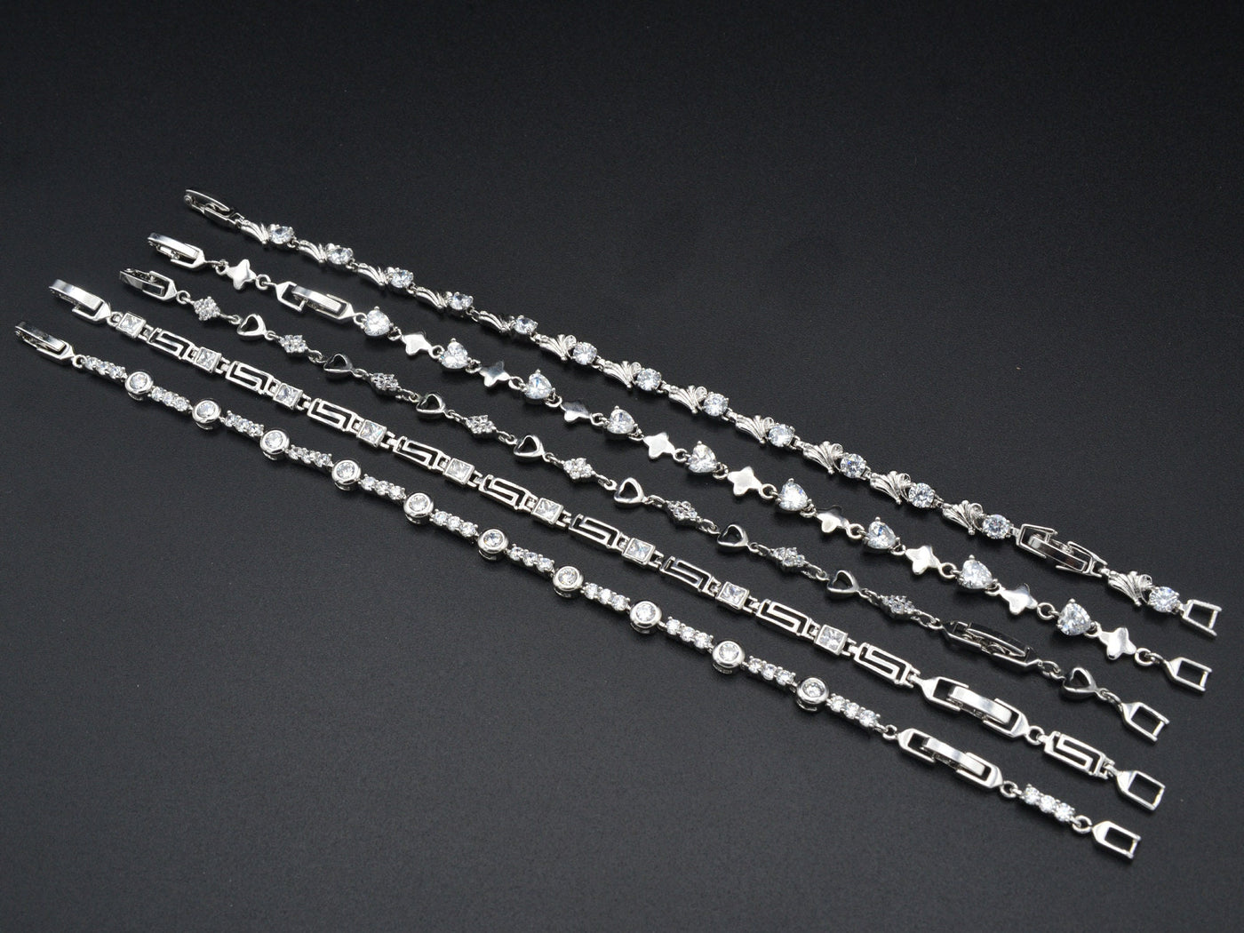 Women Silver Bracelet Rhodium Plated Link Chain With Clear Cubic Zirconia Flower,Heart and leaf design for Jewelry Making tarnish resistant