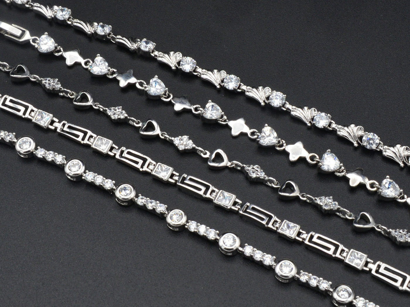 Women Silver Bracelet Rhodium Plated Link Chain With Clear Cubic Zirconia Flower,Heart and leaf design for Jewelry Making tarnish resistant