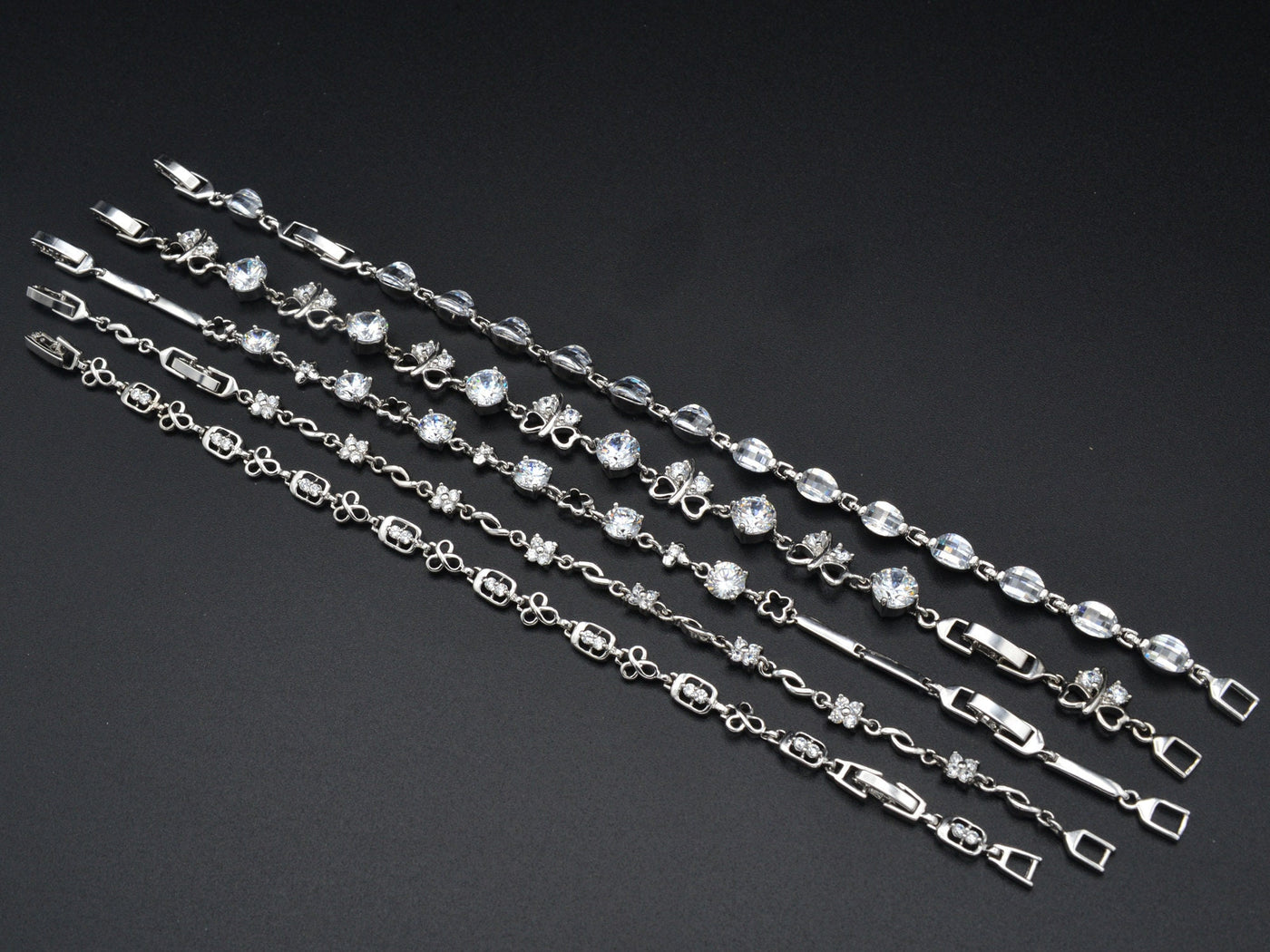 Women Silver Bracelet Rhodium Plated Link Chain With Clear Cubic Zirconia Flower,Faceted, leaf design for Jewelry Making tarnish resistant