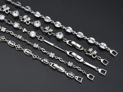 Women Silver Bracelet Rhodium Plated Link Chain With Clear Cubic Zirconia Flower,Faceted, leaf design for Jewelry Making tarnish resistant