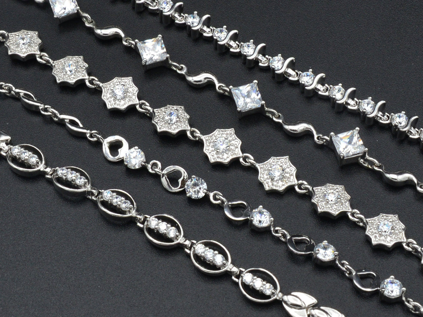 Women Silver Bracelet Rhodium Plated Link Chain With Clear Cubic Zirconia Flower,Square, leaf design for Jewelry Making tarnish resistant