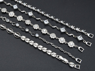 Women Silver Bracelet Rhodium Plated Link Chain With Clear Cubic Zirconia Flower,Square, leaf design for Jewelry Making tarnish resistant