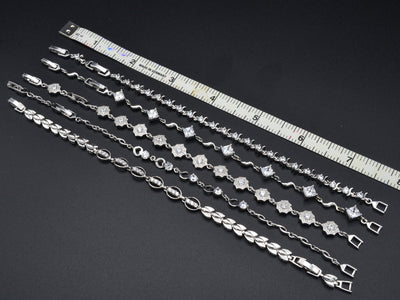 Women Silver Bracelet Rhodium Plated Link Chain With Clear Cubic Zirconia Flower,Square, leaf design for Jewelry Making tarnish resistant