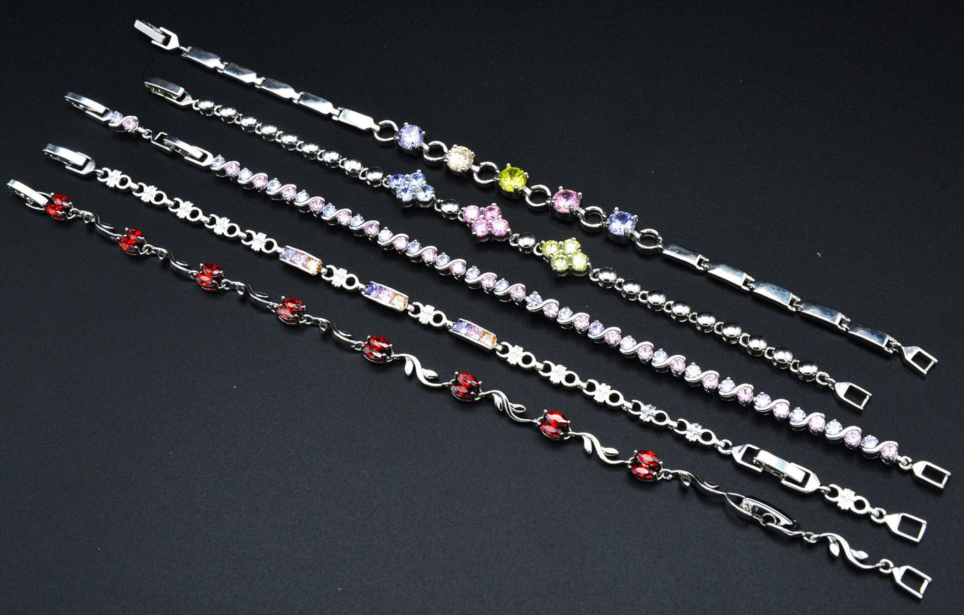 Women Silver Bracelet Rhodium Plated Link Chain Multi color Cubic Zirconia Flower, leaf design for Jewelry Making tarnish resistant