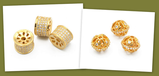 Gold-plated cubic zirconia spacer beads and round filigree beads set.