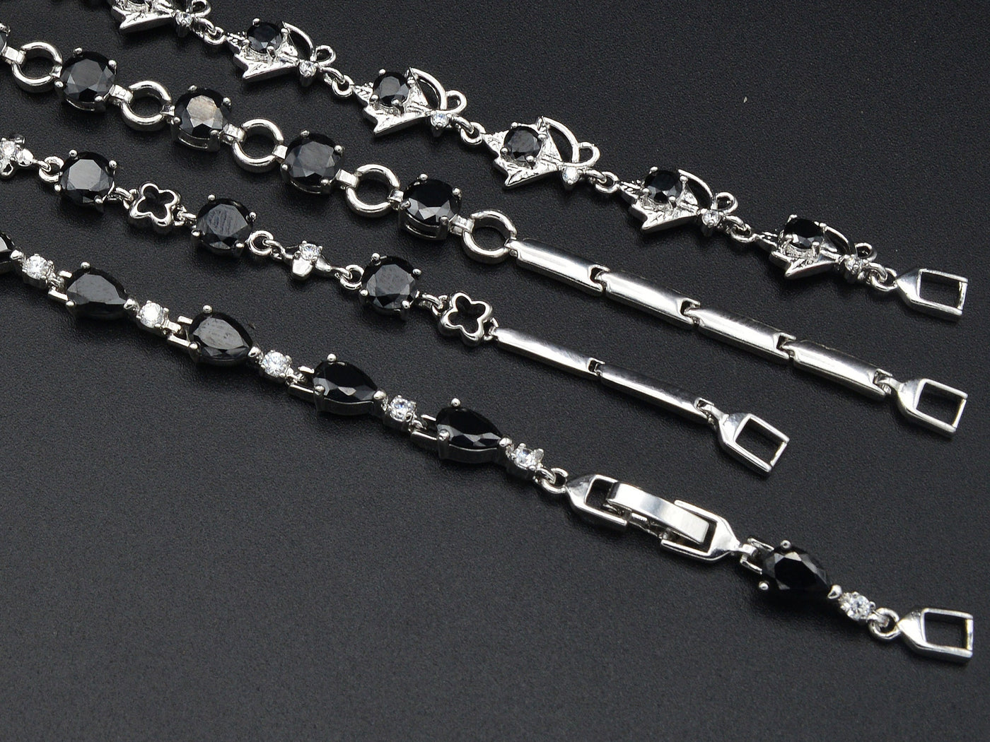Women Silver Bracelet Rhodium Plated Chain With Black Cubic Zirconia bohemian Bling Bling Jewelry Making tarnish resistant
