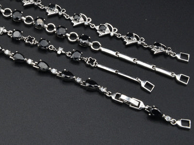 Women Silver Bracelet Rhodium Plated Chain With Black Cubic Zirconia bohemian Bling Bling Jewelry Making tarnish resistant