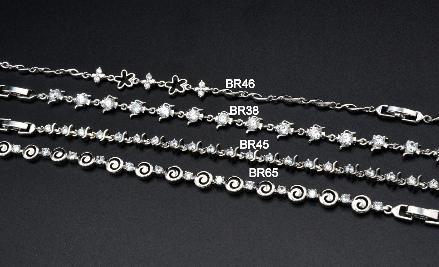 Women Silver Bracelet Rhodium Plated Chain With Clear Cubic Zirconia bohemian Tea cup design and swirl for Jewelry Making tarnish resistant