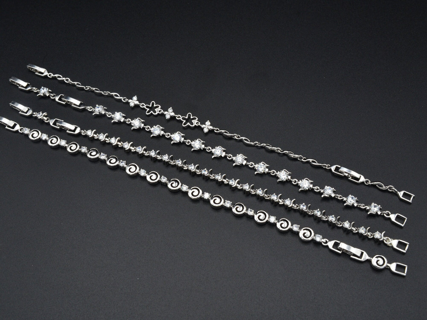 Women Silver Bracelet Rhodium Plated Chain With Clear Cubic Zirconia bohemian Tea cup design and swirl for Jewelry Making tarnish resistant