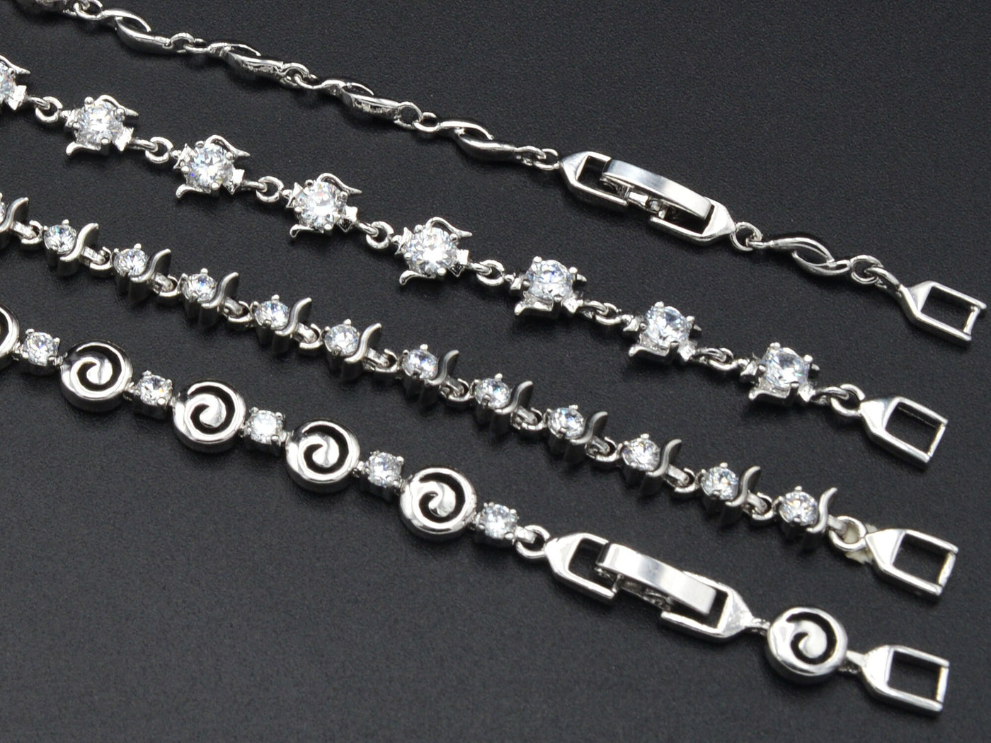 Women Silver Bracelet Rhodium Plated Chain With Clear Cubic Zirconia bohemian Tea cup design and swirl for Jewelry Making tarnish resistant