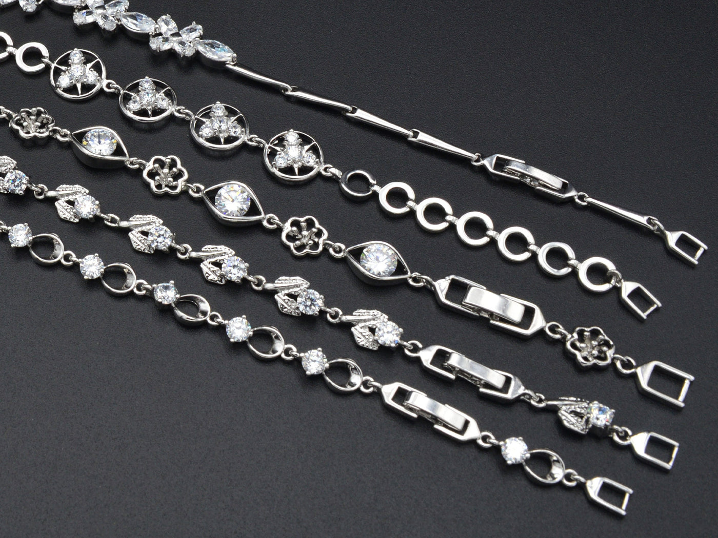 Women Silver Bracelet Rhodium Plated Chain With Clear Cubic Zirconia bohemian Flower and leaf design for Jewelry Making tarnish resistant