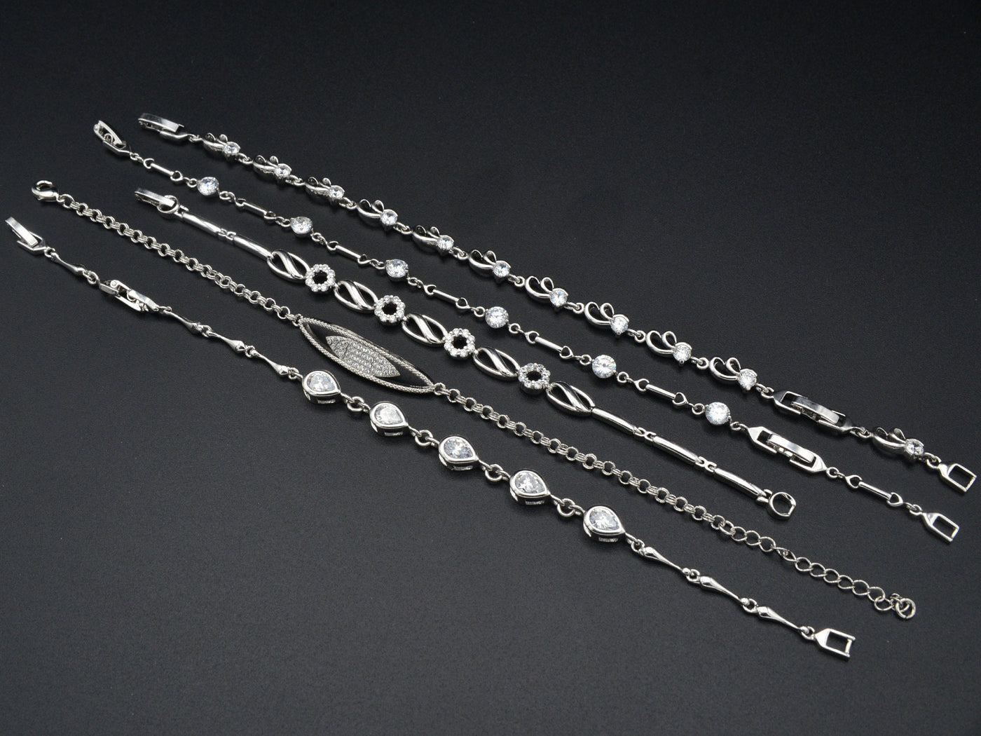 Women Silver Bracelet Rhodium Plated Link Chain With Clear Cubic Zirconia Flower and Marquize design for Jewelry Making tarnish resistant