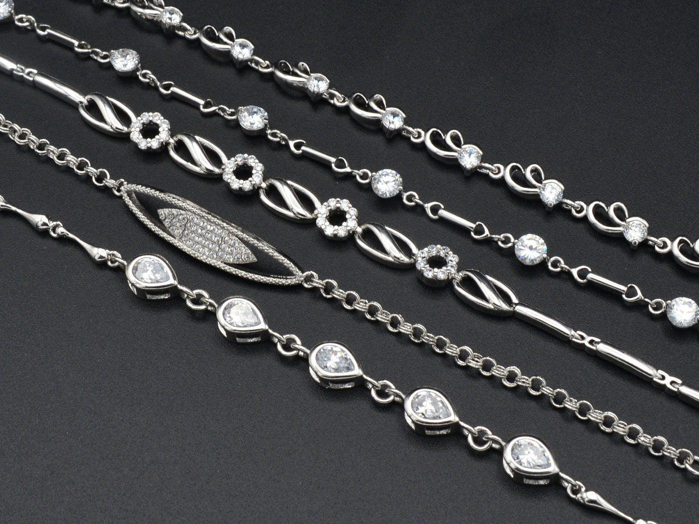 Women Silver Bracelet Rhodium Plated Link Chain With Clear Cubic Zirconia Flower and Marquize design for Jewelry Making tarnish resistant