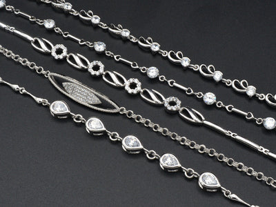 Women Silver Bracelet Rhodium Plated Link Chain With Clear Cubic Zirconia Flower and Marquize design for Jewelry Making tarnish resistant