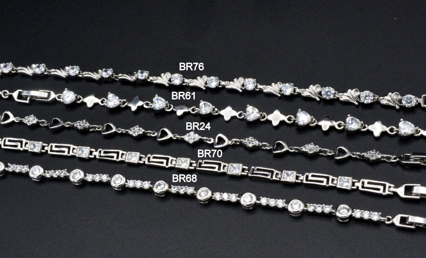 Women Silver Bracelet Rhodium Plated Link Chain With Clear Cubic Zirconia Flower,Heart and leaf design for Jewelry Making tarnish resistant