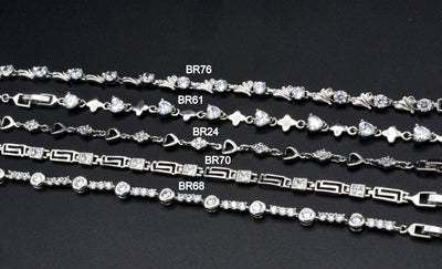Women Silver Bracelet Rhodium Plated Link Chain With Clear Cubic Zirconia Flower,Heart and leaf design for Jewelry Making tarnish resistant
