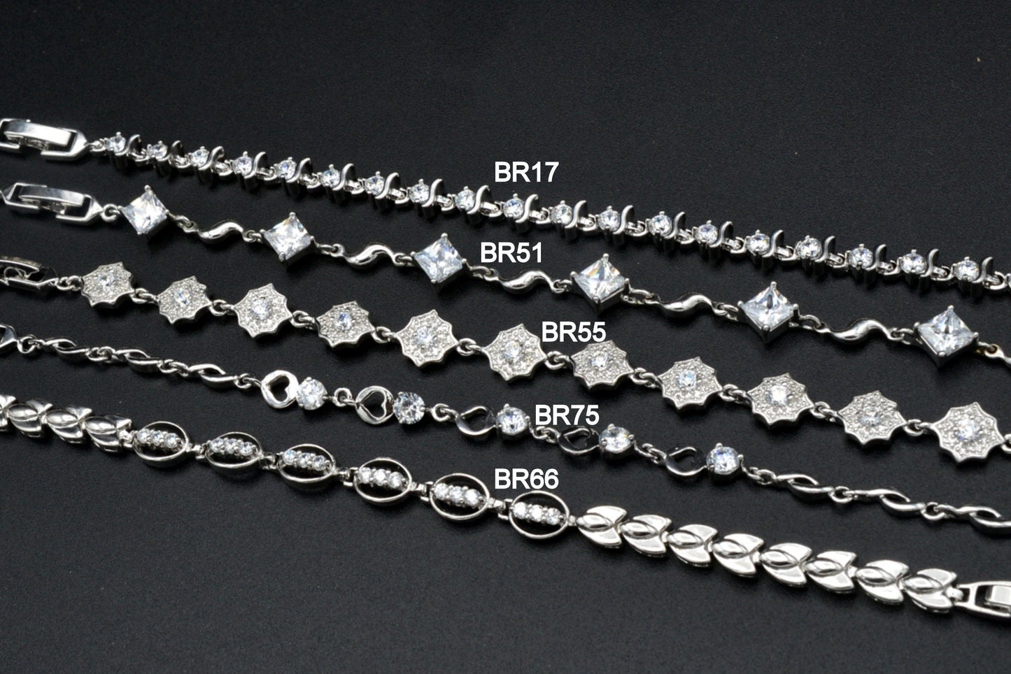 Women Silver Bracelet Rhodium Plated Link Chain With Clear Cubic Zirconia Flower,Square, leaf design for Jewelry Making tarnish resistant