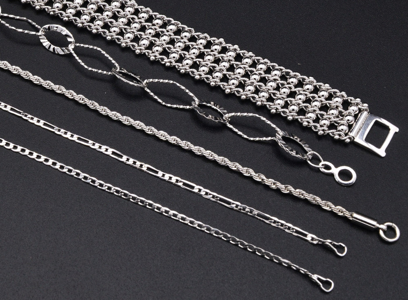 Women Silver Bracelet Rhodium Plated Link Diamond cut, Cuban , Figaro , Rope Plain Chain for Jewelry Making tarnish resistant