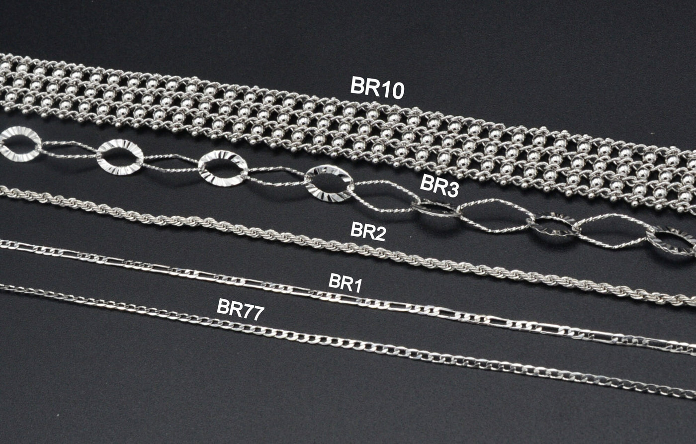 Women Silver Bracelet Rhodium Plated Link Diamond cut, Cuban , Figaro , Rope Plain Chain for Jewelry Making tarnish resistant