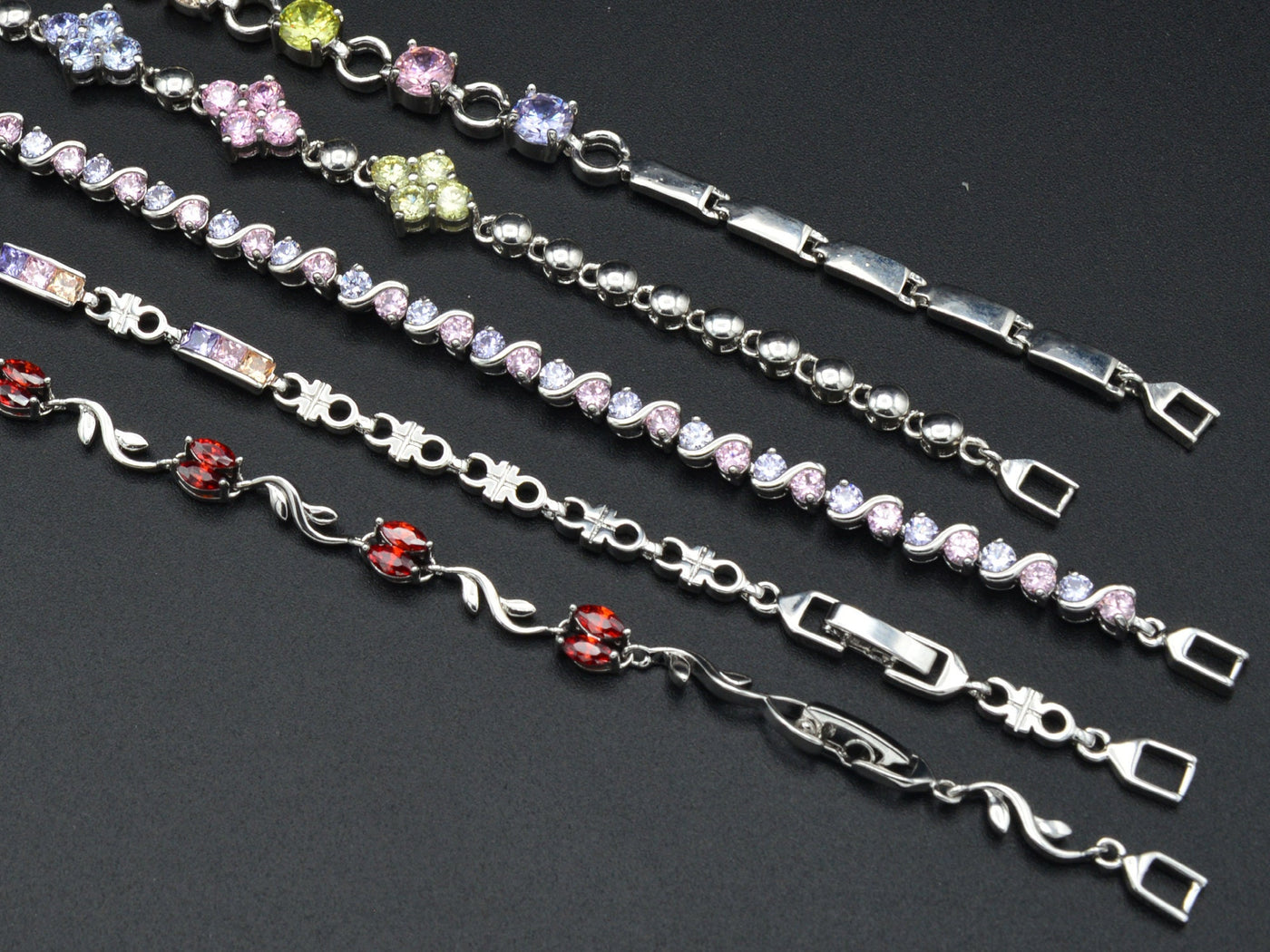 Women Silver Bracelet Rhodium Plated Link Chain Multi color Cubic Zirconia Flower, leaf design for Jewelry Making tarnish resistant