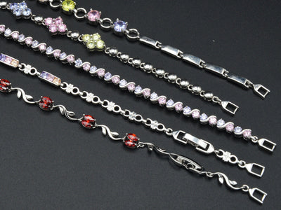 Women Silver Bracelet Rhodium Plated Link Chain Multi color Cubic Zirconia Flower, leaf design for Jewelry Making tarnish resistant