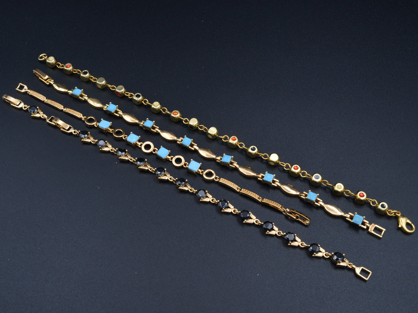 Women's Gold Bracelet Chain With Black Cubic Zirconia bohemian / Turquoise Bling for Jewelry Making tarnish resistant