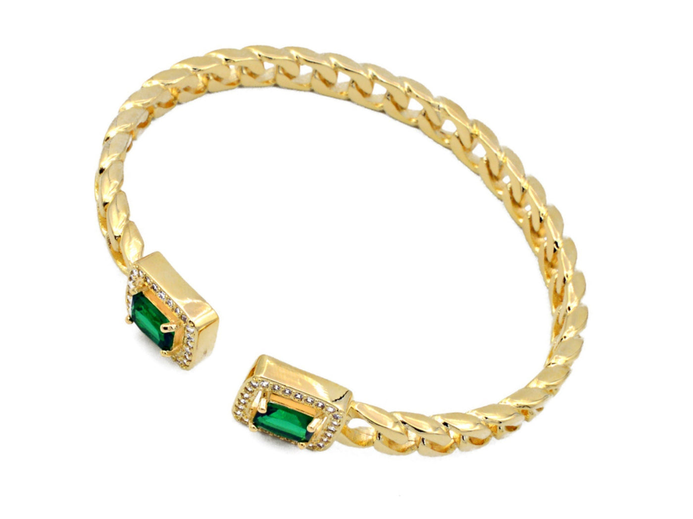 Adjustable Green Zirconia Bangel Cuban chain Bracelet Curb Gold Filled EP style Gift for her - BeadsFindingDepot