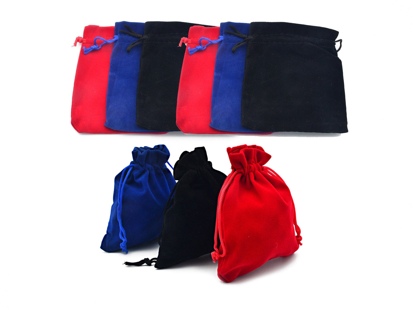 Velvet drawstring bags in red, blue, and black for jewelry storage.