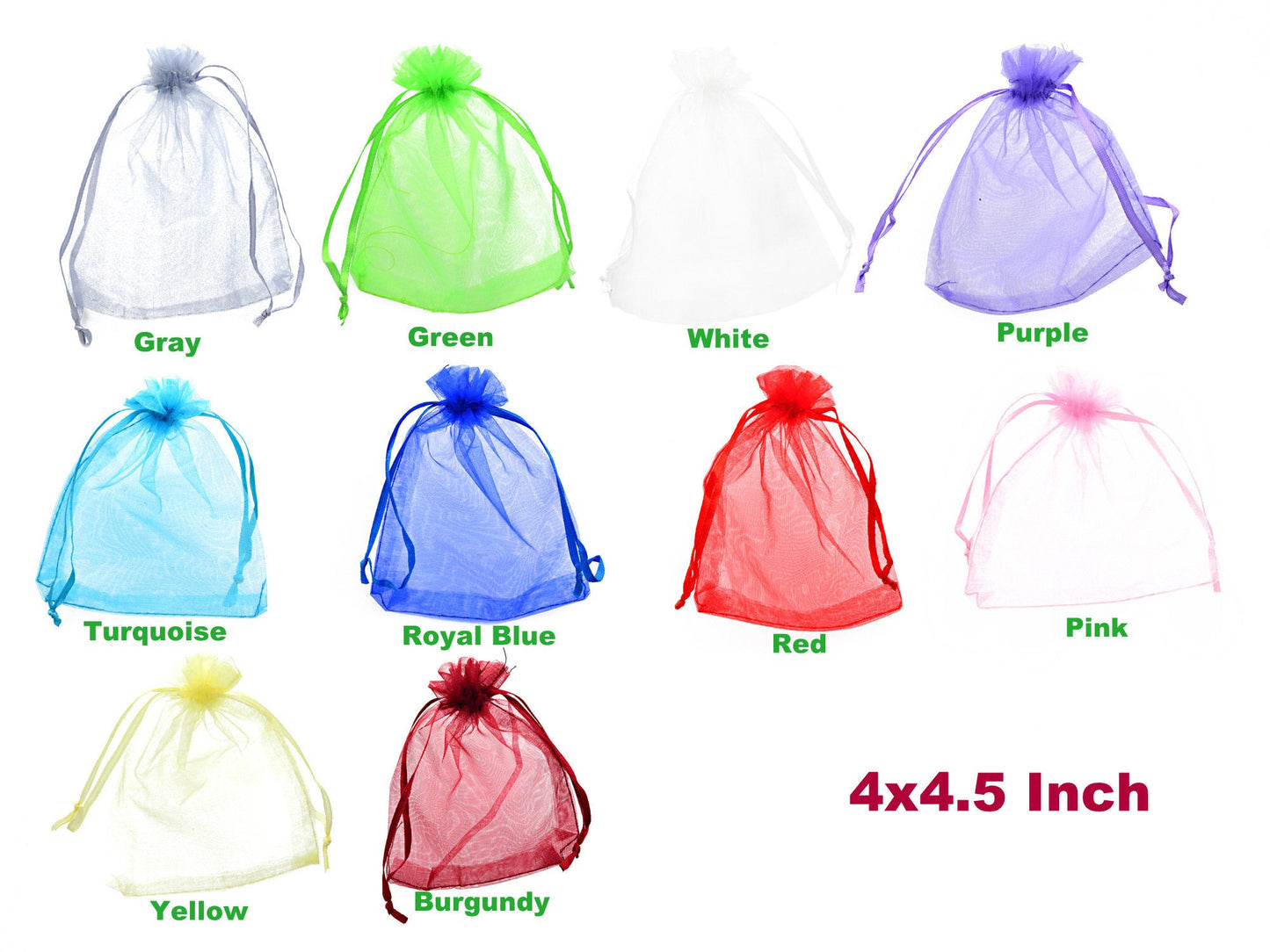 Colorful organza gift bags set, 4x4.5 inch, includes gray, green, white, purple, turquoise, royal blue, red, pink, yellow, burgundy.