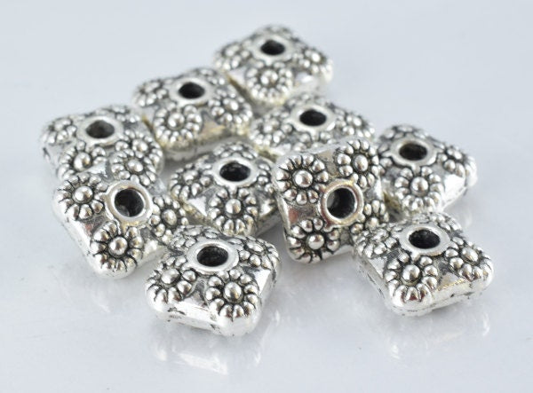 11m Square Antique Silver Alloy Floral Spacer Finding Beads with center 3mm hole opening, Sold by 1 pack of 10pcs, 5mm bead thickness.